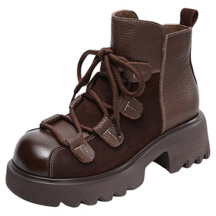 头层牛皮小鞋匠手工真皮马丁靴厚底复古系带靴女2025秋冬时尚气质