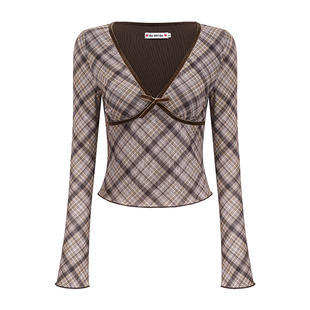 Go Girl Go 自制欧美风复古深V领长袖格纹T恤女修身内搭短款上衣
