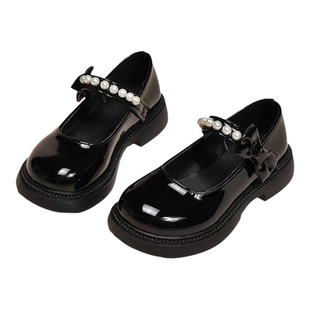 软底小皮鞋女童鞋2026春秋新款珍珠蝴蝶结公主单鞋黑色亮皮乐福鞋