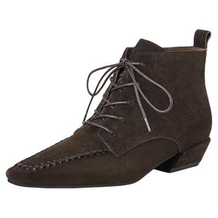 星期六美拉德马丁靴女2025秋冬方头真皮系带粗跟踝靴复古真皮短靴