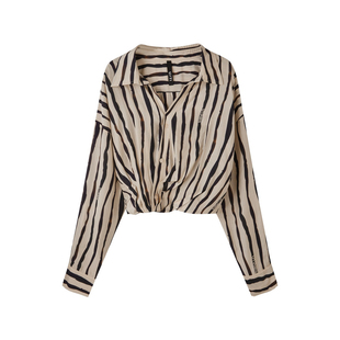 U/TI黑白条纹压褶扭结衬衫女装百搭短款休闲上衣尤缇2025夏季新款