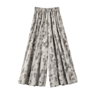 晚白2026年春新款简约休闲高腰裤子利落显瘦雪纺印花阔腿裤女