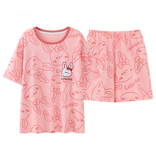 芬腾可安夏季纯棉睡衣女士宽松甜美可外穿短袖七分裤家居服两件套