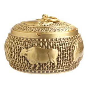 黄铜烟灰缸带盖创意五牛图潮流防灰飞铜制烟缸家用办公室高档大号