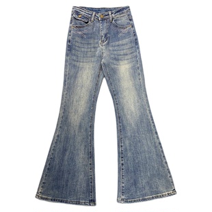 线条刺绣微喇牛仔裤女2026年夏季新款设计感高腰显瘦弹力微喇长裤