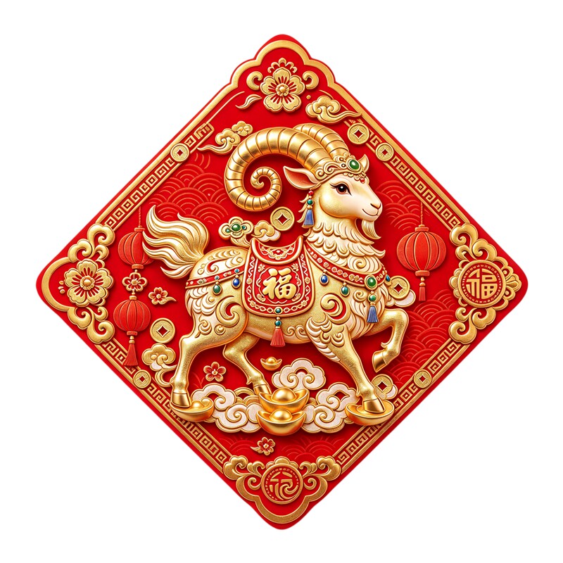 墙贴金色瑞羊踏祥云元宝花卉菱形红底新春福字防水自粘装饰贴纸画