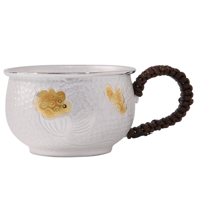 手工银杯纯银茶杯999主人杯莲花品茗杯泡茶杯带把银水杯功夫茶具