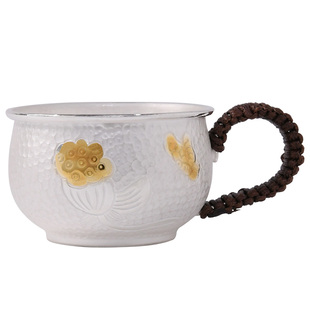 手工银杯纯银茶杯999主人杯莲花品茗杯泡茶杯带把银水杯功夫茶具