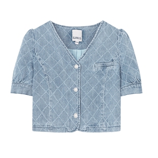 【Eland奥莱】衣恋短外套女泡泡袖短袖V领牛仔上衣小香风夏季