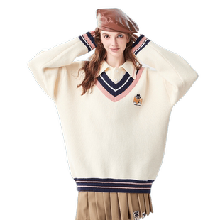 【非正式学院】a02学院风假两件针织衫女2026衬衫领减龄套头毛衣