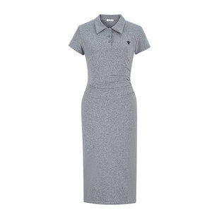 MosesQueen魔西女王刺绣polo领短袖连衣裙女夏季褶皱收腰a字长裙