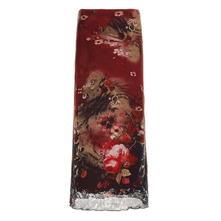 WEEKEEP 古着辣妹红色花卉印花网纱半身裙低腰直筒修身显瘦长裙