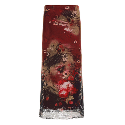 WEEKEEP 古着辣妹红色花卉印花网纱半身裙低腰直筒修身显瘦长裙