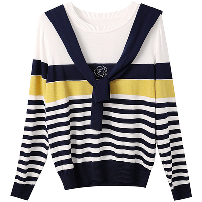 晴海条纹~百搭时尚减龄长袖山茶花烫钻针织衫连帽上衣2026春新款