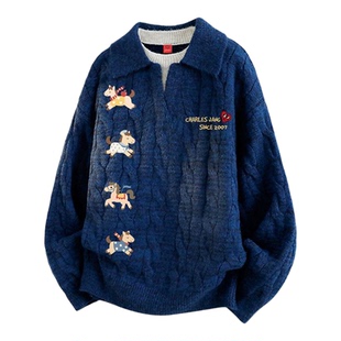 查尔斯桃心翻领假两件毛衣服男女冬季新款马年2026宽松休闲针织衫