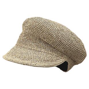 日本款草编斜顶软马术帽女夏季镂空透气贝雷帽优雅不规则鸭舌草帽