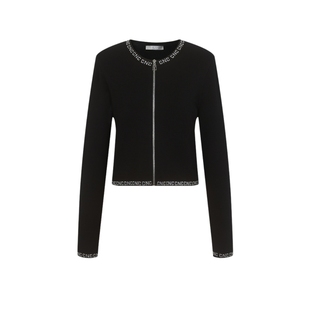 CNC品牌女装 高端字母烫钻针织衫2025春季新款女士修身拉链开衫