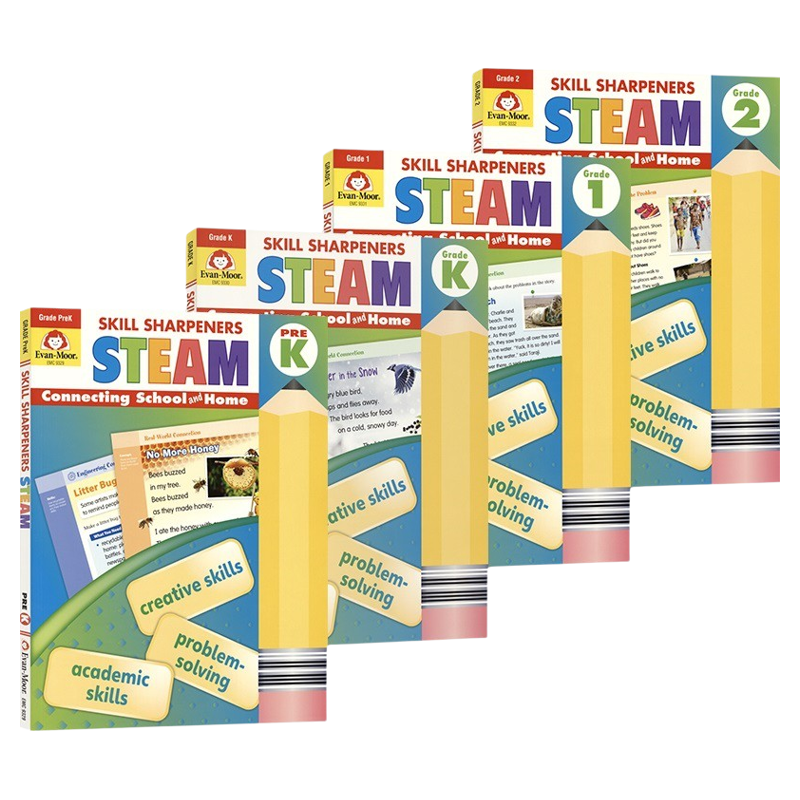 学龄前到2年级4册套装 Evan-Moor Skill Sharpeners STEAM 技能铅笔刀系列练习册 幼儿园小中大班 美国加州小学教辅 英文原版进口