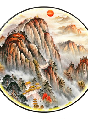 旭日东升山水画圆形装饰画带灯
