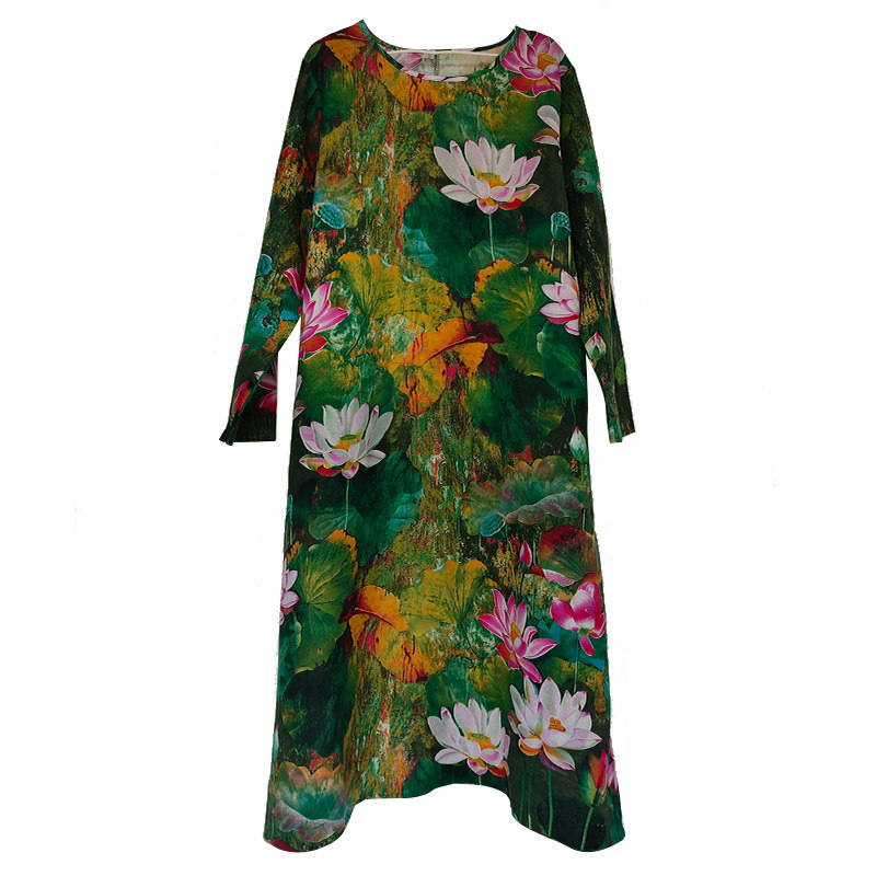 24复古民族风女装长袖棉麻连衣裙宽松大码过膝长裙气质时尚印花裙