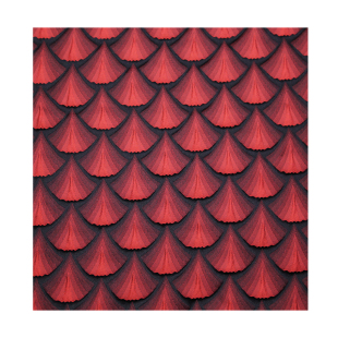 立体浮雕红鳞片织锦缎布料扇形肌理提花阔型服装礼服设计师面料