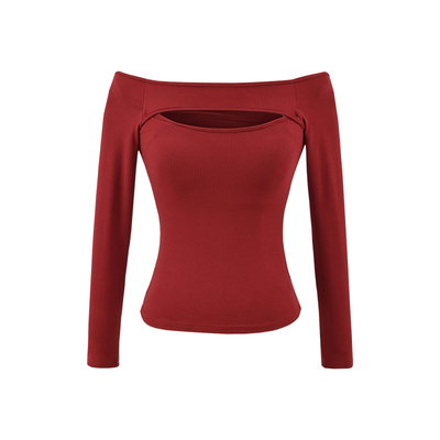 性感一字肩胸前镂空长袖T恤上衣