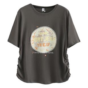 胖妹妹大码短袖t恤遮肚上衣藏肉夏新款200斤两侧抽绳星球印花半袖