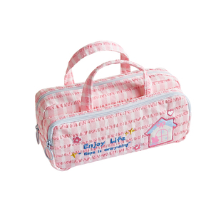 小房子刺绣双层大容量笔袋可爱日系ins风格纹双手提帆布文具袋女生多巴胺初高中生少女心小清新多功能收纳包