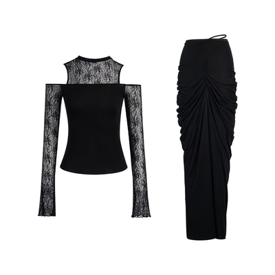 春季黑天鹅名媛露肩蕾丝套装