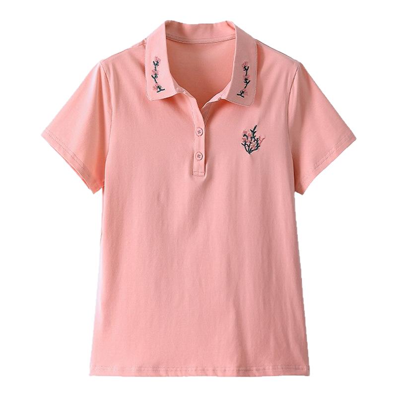 翻领短袖女T恤棉上衣polo衫刺绣