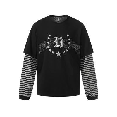 DARKAGE原创条纹假两件长袖T恤