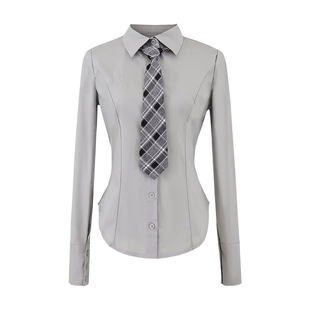 YoungGirlDay韩漫学院风单排扣刺绣修身收腰显瘦长袖领带衬衫上衣