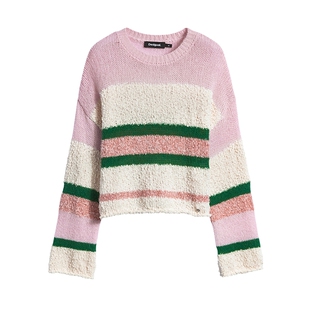 Desigual26春夏新品宽松撞色拼接条纹圆领女式针织衫