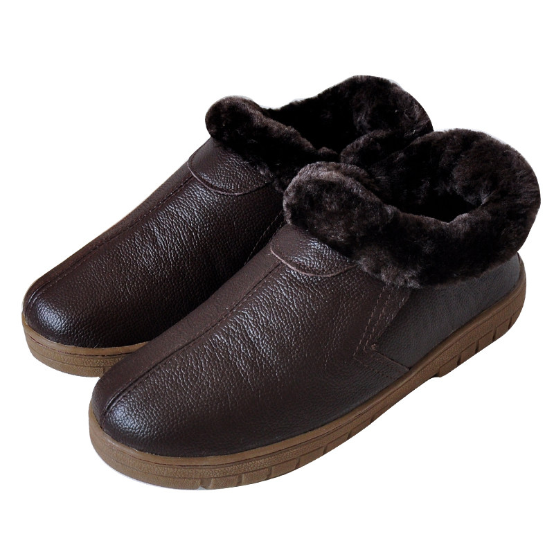 冬季真皮包跟棉鞋男牛皮牛筋底加厚毛绒保暖居家皮拖鞋女冬天防滑