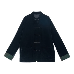 墨玉绿三重门中式国风真丝绒外套年轻款高级感桑蚕丝盘扣唐装男士