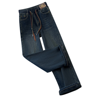 今年流行爆款松紧腰加绒加厚阔腿牛仔裤女2025冬季新款窄版直筒裤