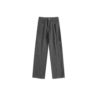 美式水泥灰阔腿工装裤女秋冬新款胖妹妹mm梨型身材宽松显瘦休闲裤