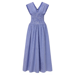 LEDIM WANG白标/法式浪漫度假风格纹V领无袖连衣裙女春夏新款长裙