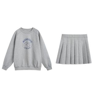 紫涵宽松圆领套头印花卫衣a字短款百褶裙两件通勤套装女秋季新款