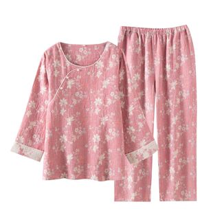 新中式棉麻纱布睡衣女春秋冬季薄款国风中老年家居服套装可外穿