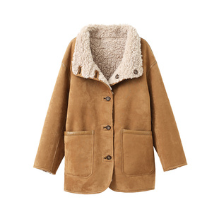 popchrio◆双面两穿含羊毛毛绒立领短外套宽松羊羔毛大衣小个子女