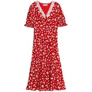 SimpleRetro法式复古红色泡泡袖碎花连衣裙女茶歇度假长裙绝美裙