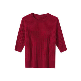 【年终清仓】春竹100%羊绒早春圆领修身洋气减龄绞花短袖羊绒衫女