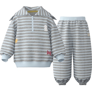 【新品】papa爬爬春季儿童套装男女童洋气条纹海军领童装卫衣卫裤