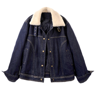 2025冬季新款羊羔毛翻领羽绒内胆牛仔外套女保暖夹克上衣加绒加厚