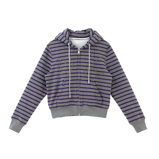 innomoood 酸葡萄条纹合身正肩连帽开衫卫衣外套短款显瘦