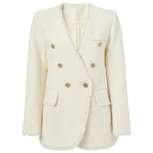 马天奴2025秋冬新款白色绵羊毛混纺双排扣V领毛边外套时尚气质女