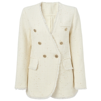 马天奴白色羊毛混纺双排扣外套