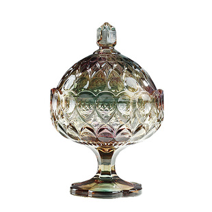 精致浮雕彩色高脚糖果罐水晶玻璃糖缸家用带盖零食收纳储物罐摆件