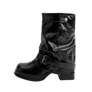 真皮~骄屿7cm复古马丁靴女增高褶皱堆堆短靴厚底中筒裤管靴骑士靴